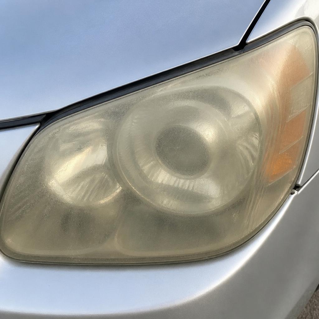 Silver sedan headlight before restoration